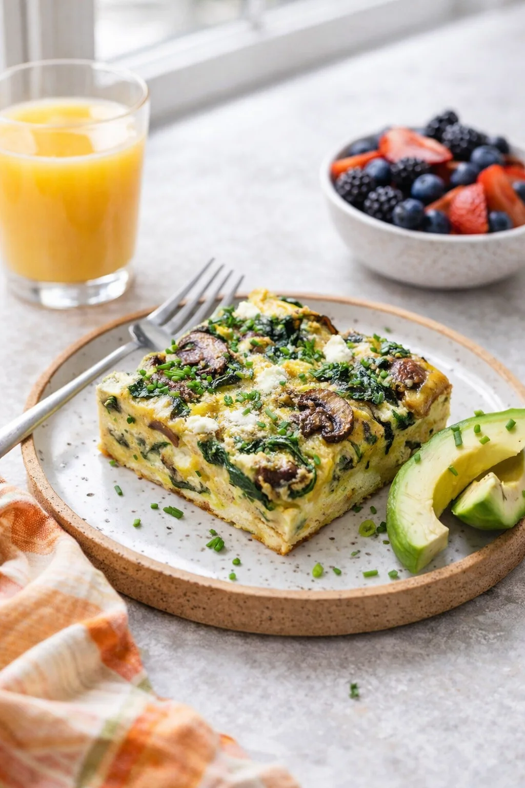 Alternative angle of Spinach Mushroom Breakfast Casserole served with a pairing