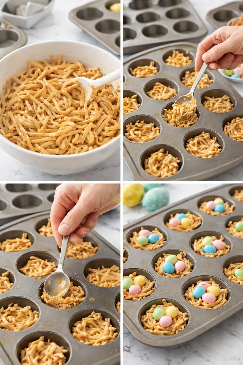 Rounded tablespoon packing chocolate-coated chow mein noodles into muffin tin nests, candy eggs nestled.