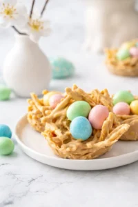 Final plated Easter Egg Peanut Butter Haystacks | A festive, no-bake, Easter treat! served as a hero shot
