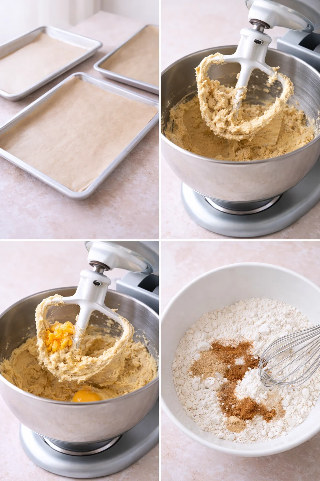 Lined baking tray beside mixer bowl of fluffy creamed butter-sugar with orange zest and egg.