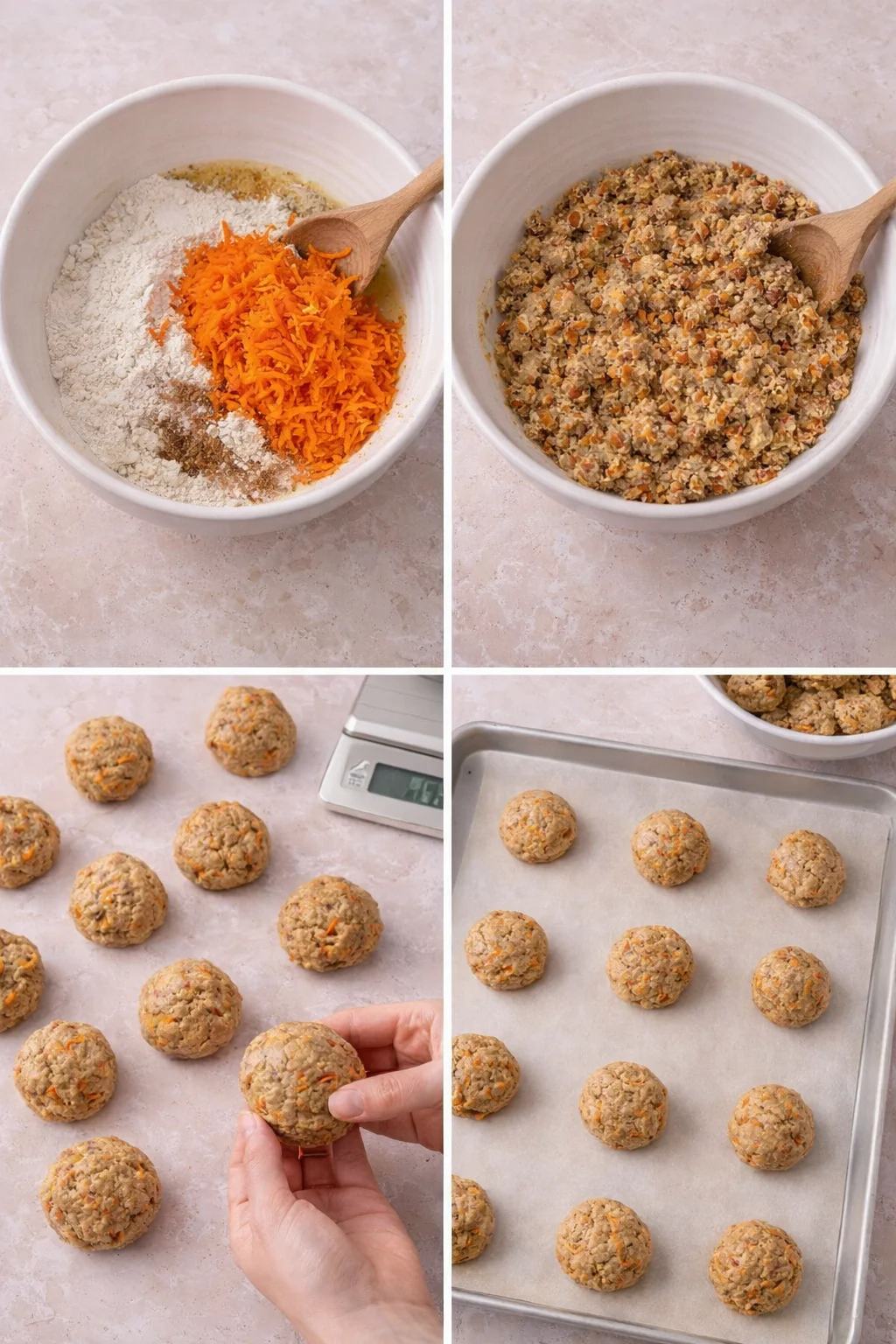 Hands rolling measured dough into even balls on lined tray, chopped pecans and grated carrot visible.