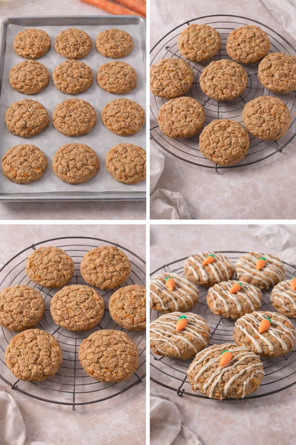 Golden baked cookies on wire rack being drizzled with melted white chocolate and topped with fondant carrots.