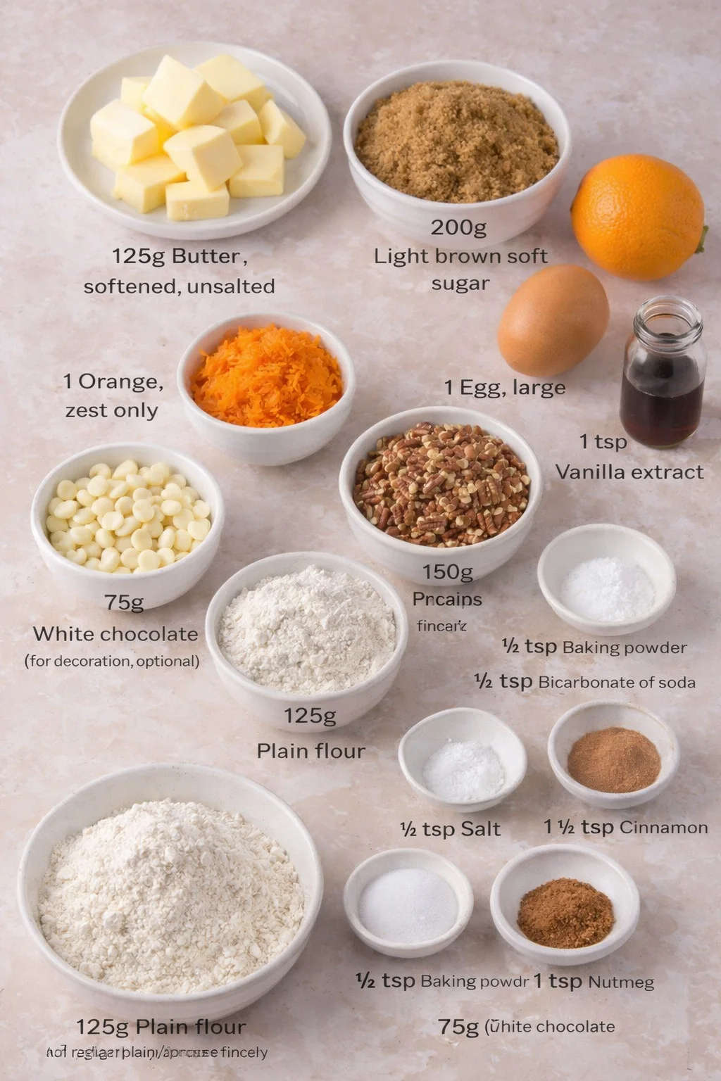 Measured ingredients arranged for Carrot Cake Cookies: 125 g Butter, softened, unsalted, 200 g Light brown soft sugar, 1 Orange, zest only, 1 Egg, large, 1 tsp Vanilla extract, 85 g Carrot, grated