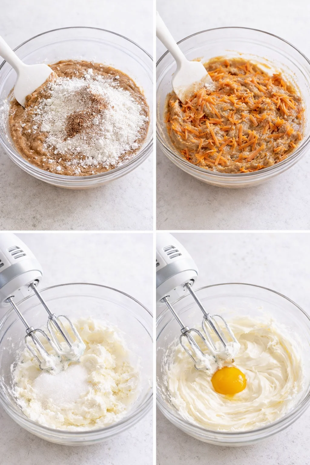Two bowls: carrot batter with shredded carrots, and cream cheese mixture being whipped smooth