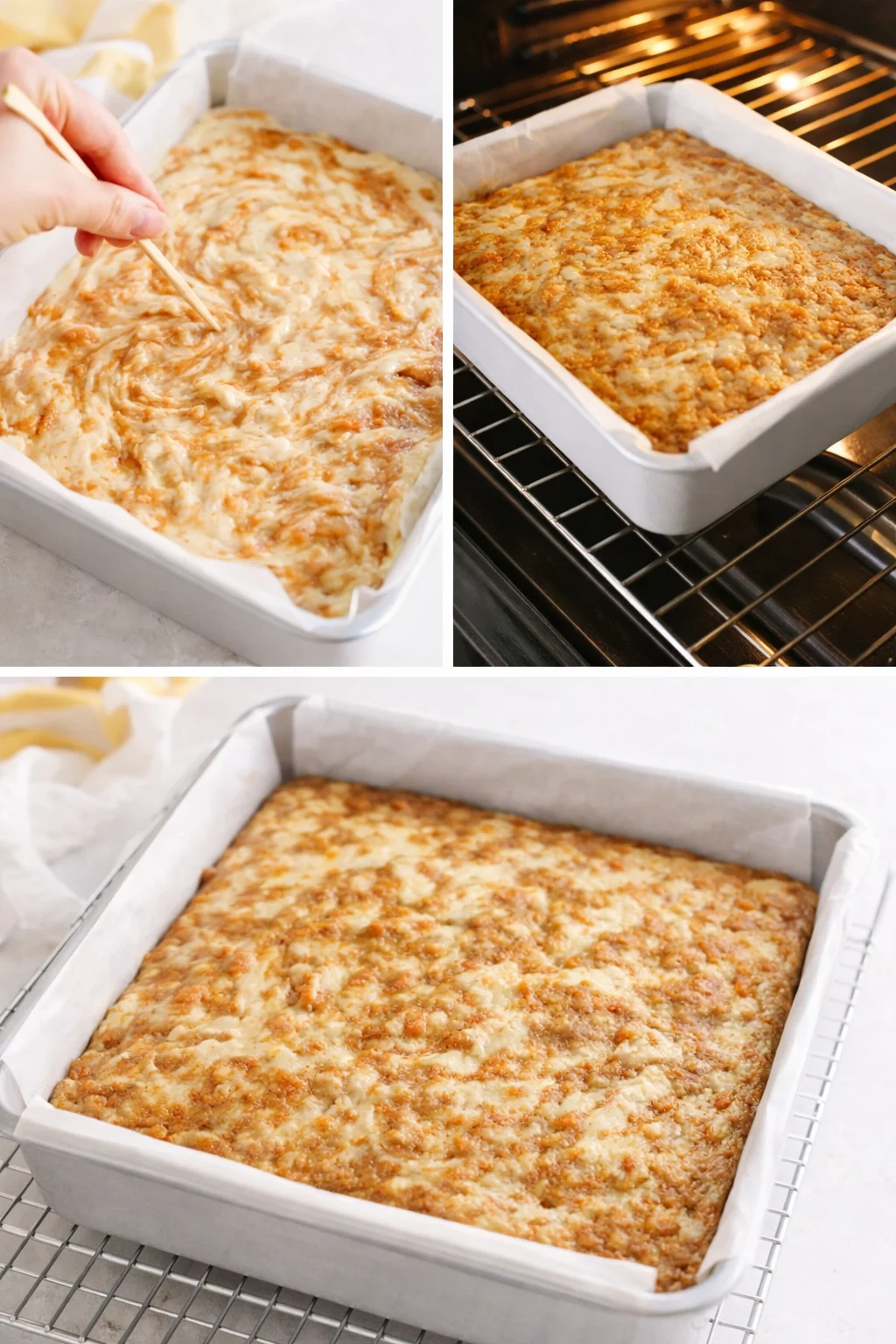 Marbled batter being swirled with a skewer, then golden-baked bars cooling in pan on rack