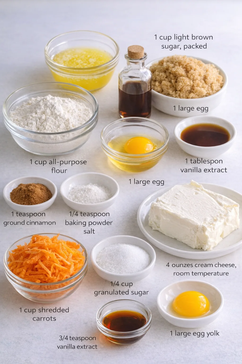 Measured ingredients arranged for Carrot Cake Bars: 1/2 cup butter melted, 1 cup light brown sugar packed, 1 large egg, 1 tablespoon vanilla extract, 1 cup all-purpose flour, 1 teaspoon ground cinnamon