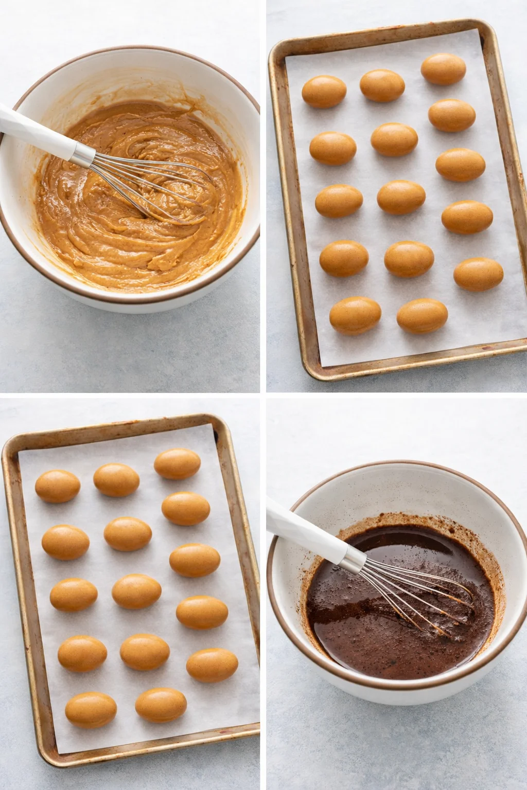 Bowl of smooth peanut butter dough with shaped egg balls on parchment and speckling mixture nearby