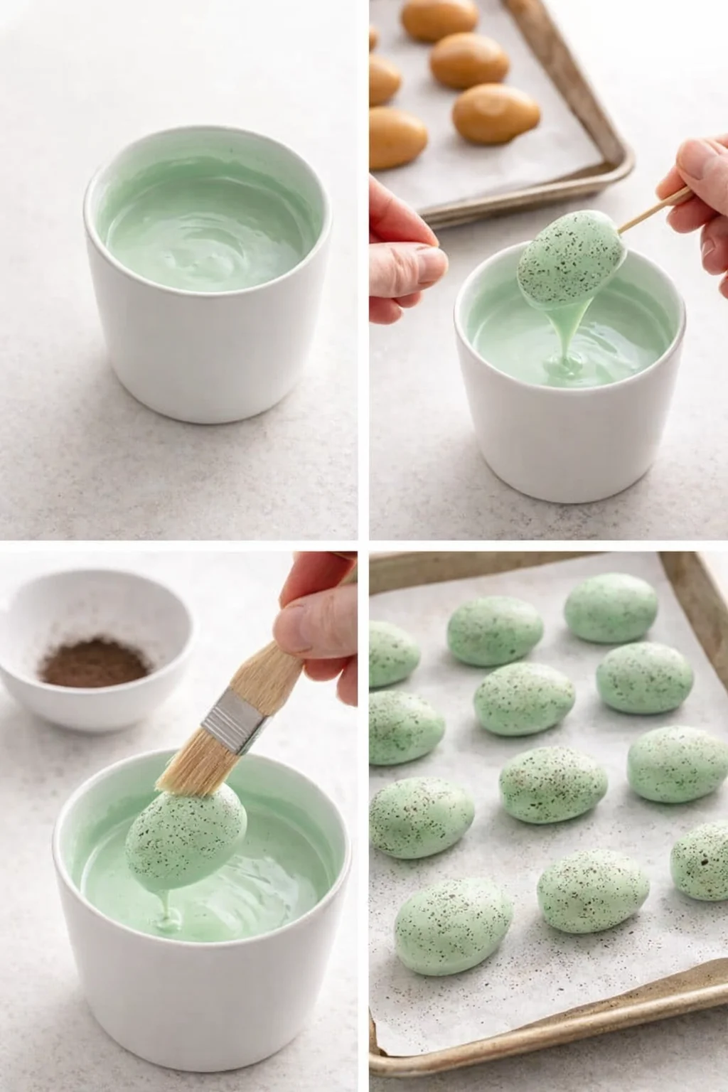 Hand dips semi-frozen egg on a toothpick into colored melted white chocolate over parchment