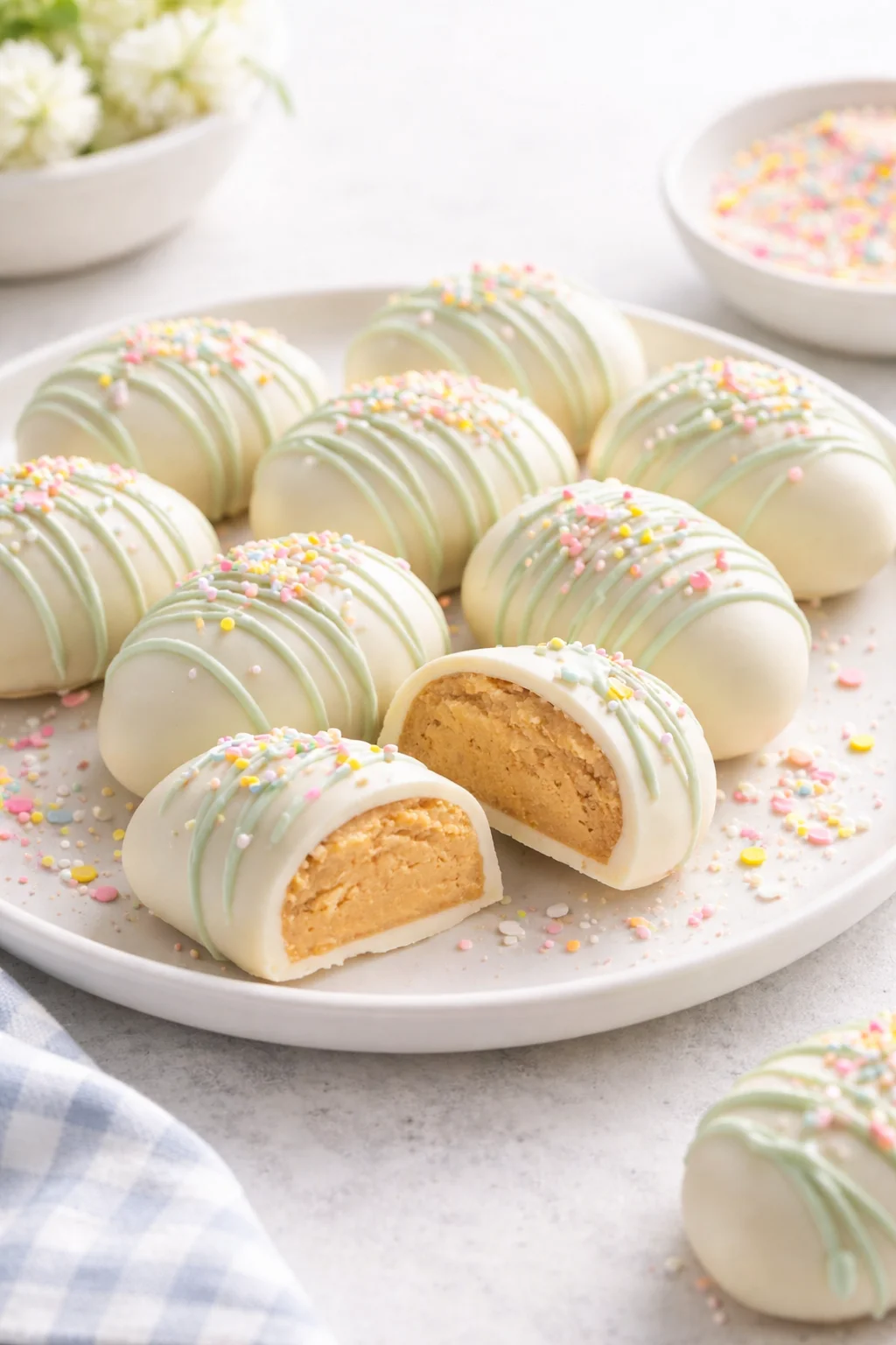 Final plated Peanut Butter Easter Eggs served as a hero shot