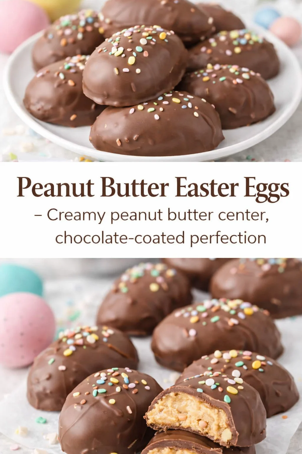 Pinterest-style image for Peanut Butter Easter Eggs with centered text overlay