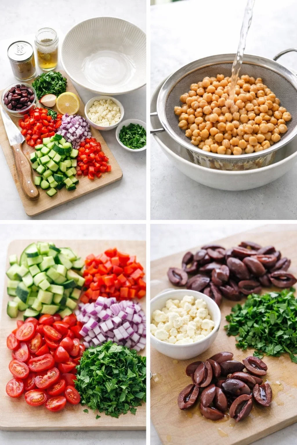 Large bowl, cutting board, knife, mason jar; rinsed chickpeas, chopped cucumber, pepper, onion, crumbled feta.