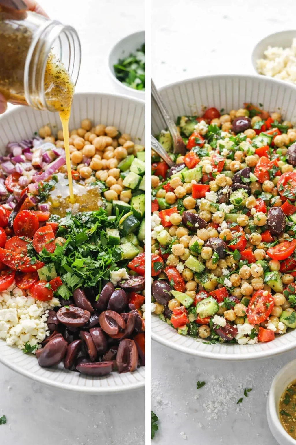 Mason jar vinaigrette pouring over bowl of chickpeas, chopped vegetables, and crumbled feta as salad is tossed.