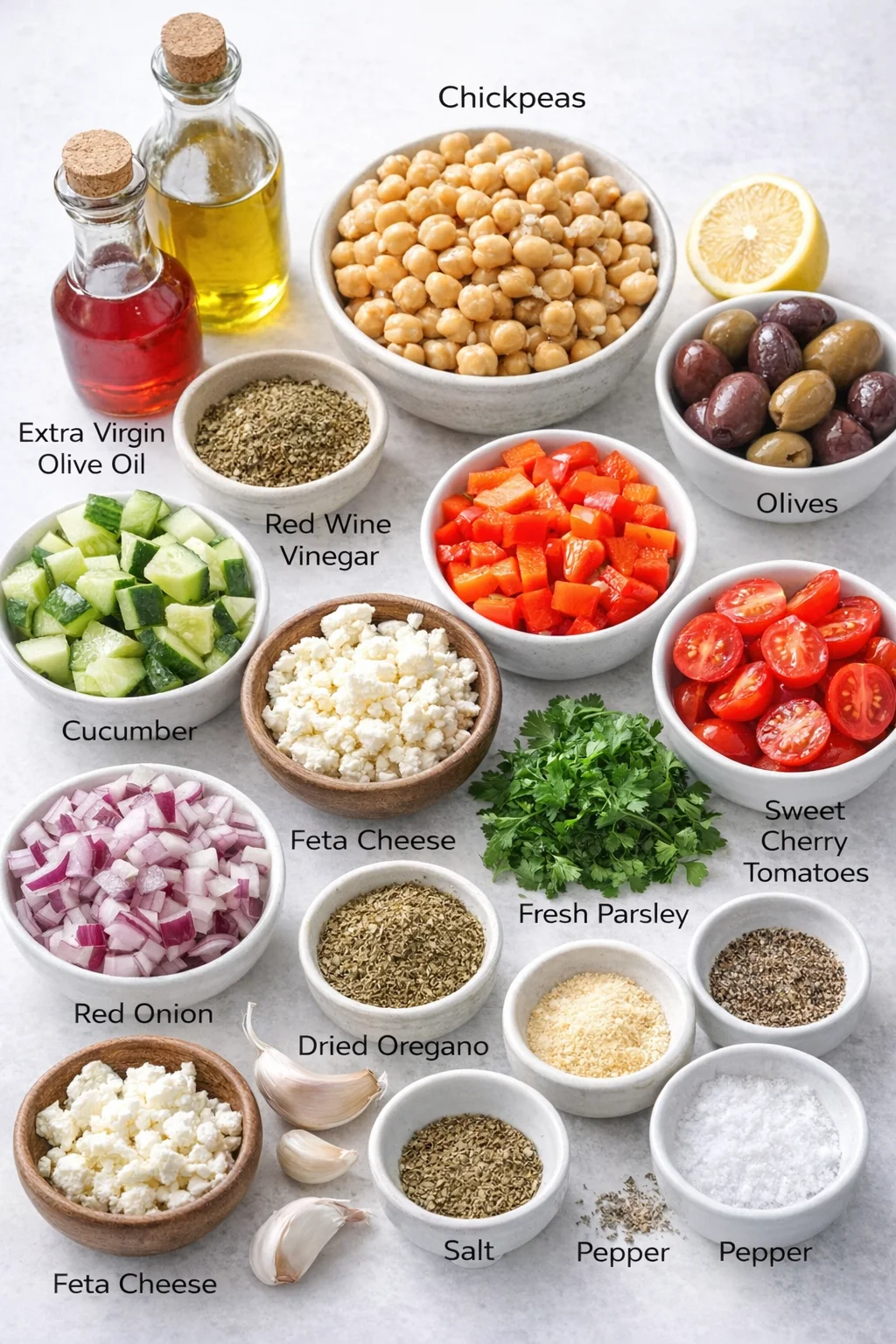 Measured ingredients arranged for 10-Minute Mediterranean Chickpea Salad: canned, low-sodium chickpeas, rinsed and drained, cucumber, chopped, bell peppers, chopped, red onion, chopped, sweet cherry tomatoes, briny olive