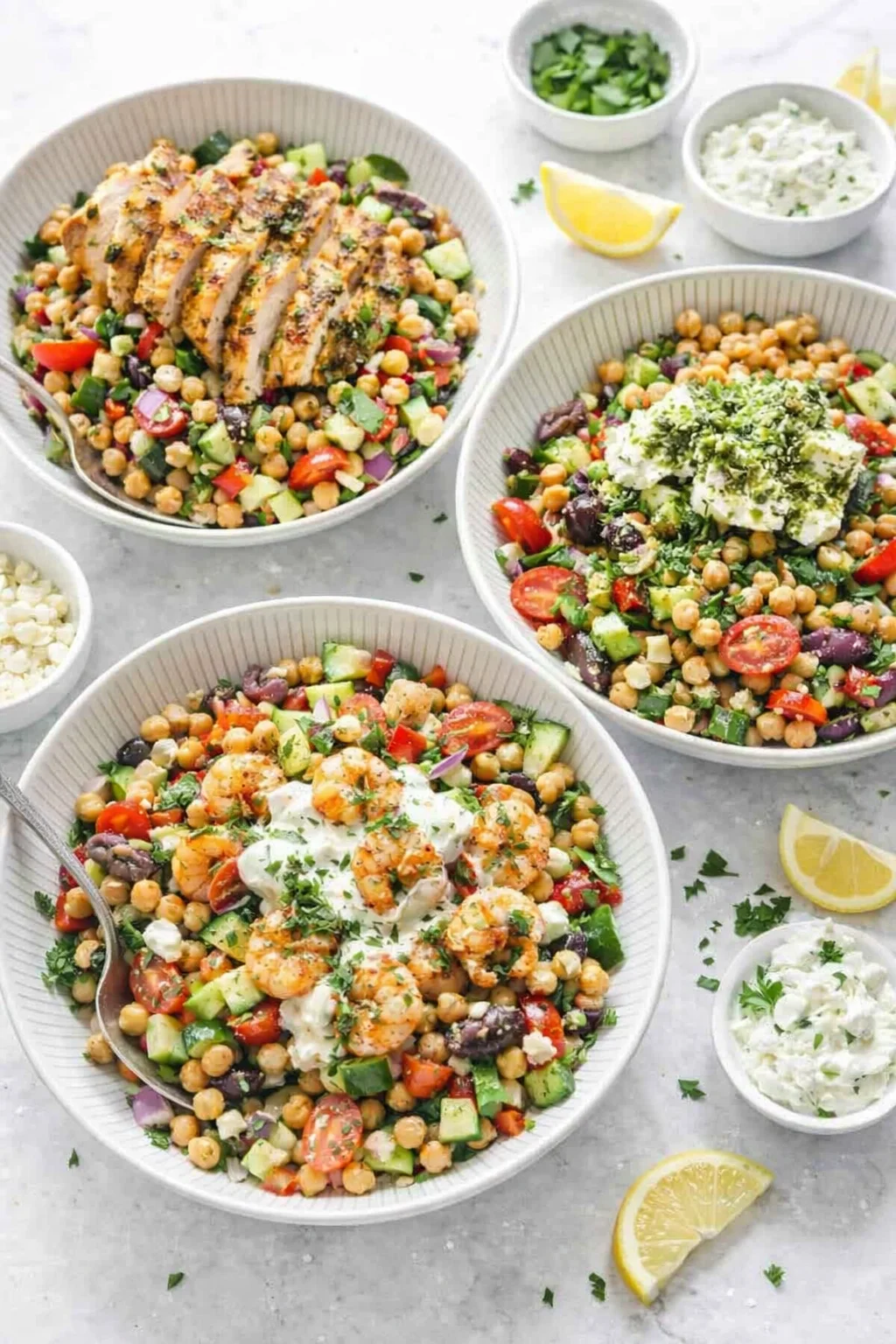 Variation ideas for 10-Minute Mediterranean Chickpea Salad shown in a styled layout