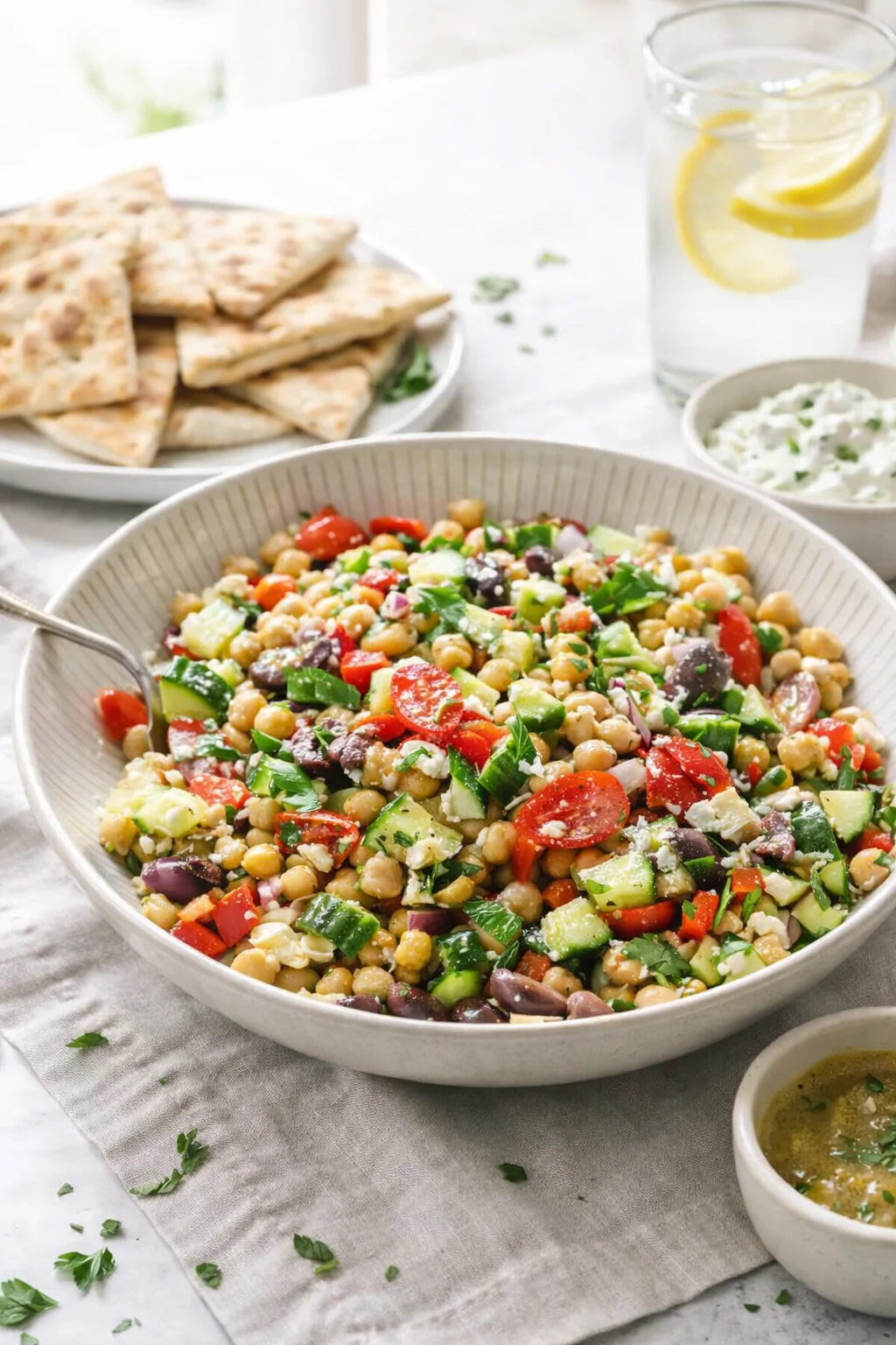 Alternative angle of 10-Minute Mediterranean Chickpea Salad served with a pairing