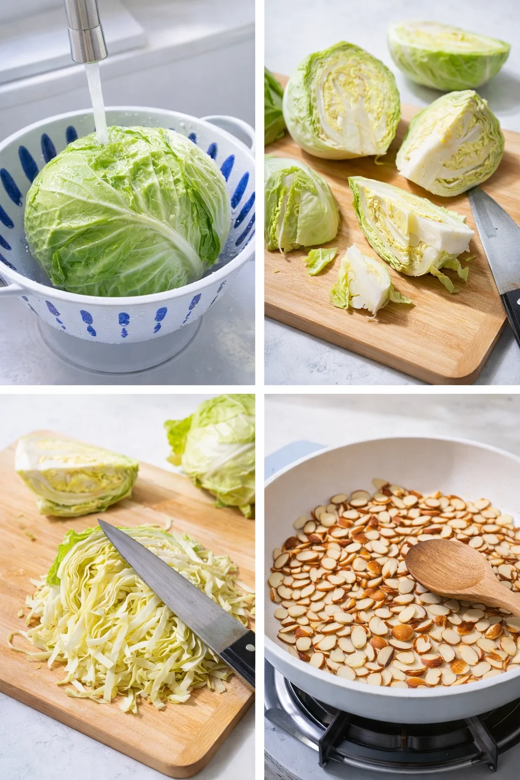 Halved cabbage quarters and thinly sliced ribbons on board, skillet with golden toasted almonds cooling.
