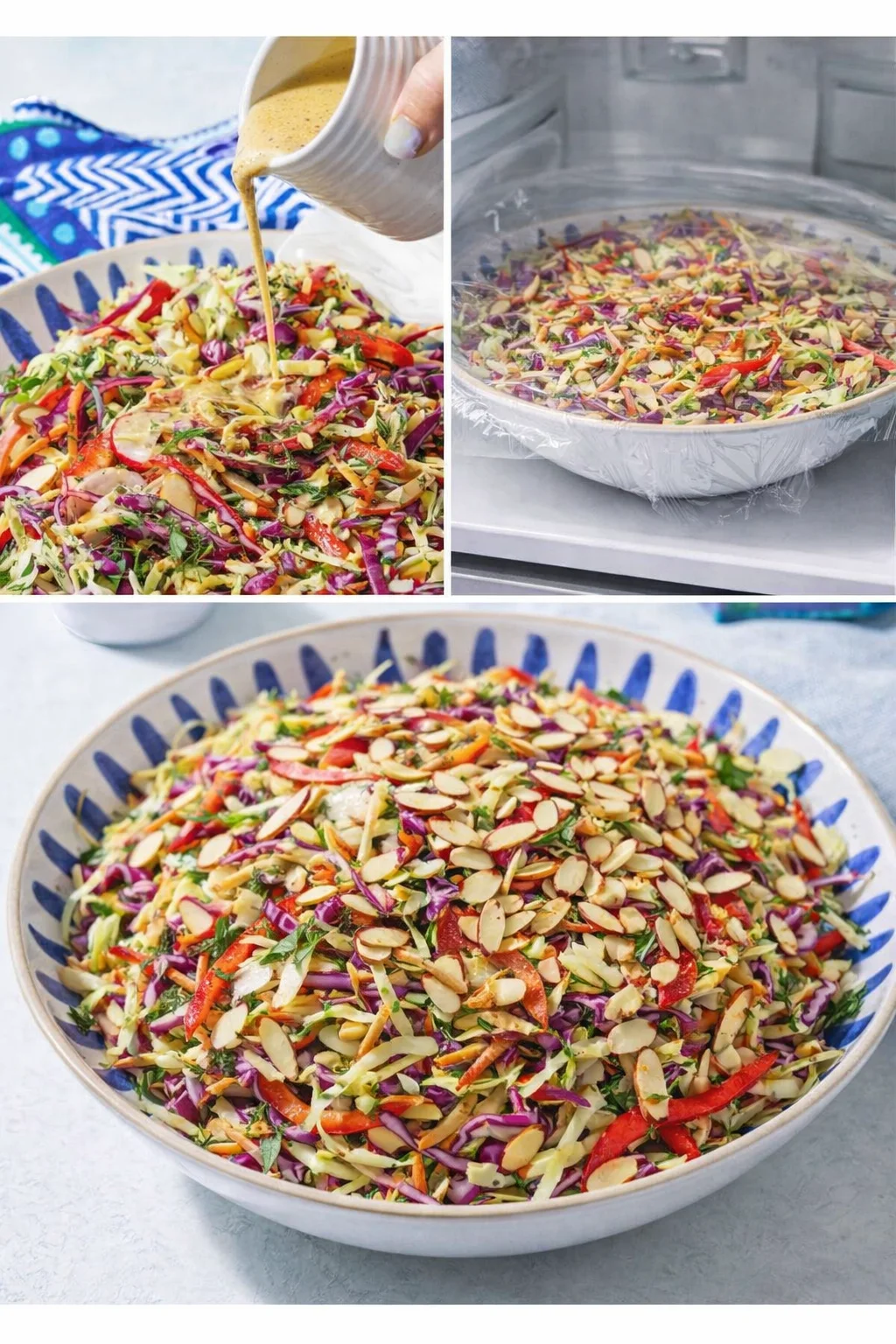 Dressing poured over cabbage salad, bowl wrapped for chilling, and final toasted almonds sprinkled on top.