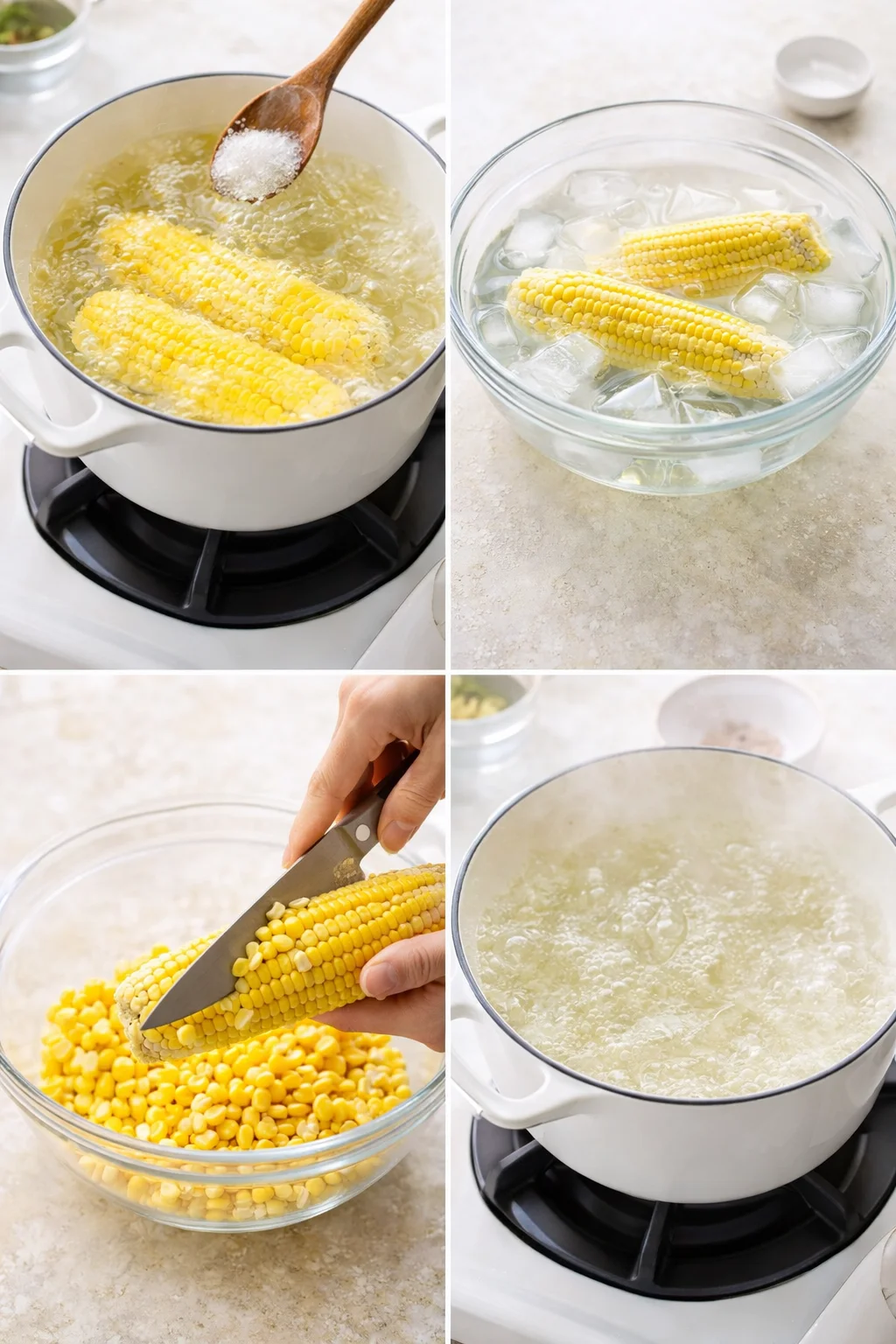 Cooked corn cobs in boiling water, then chilled in ice bath; kernels cut into a mixing bowl.