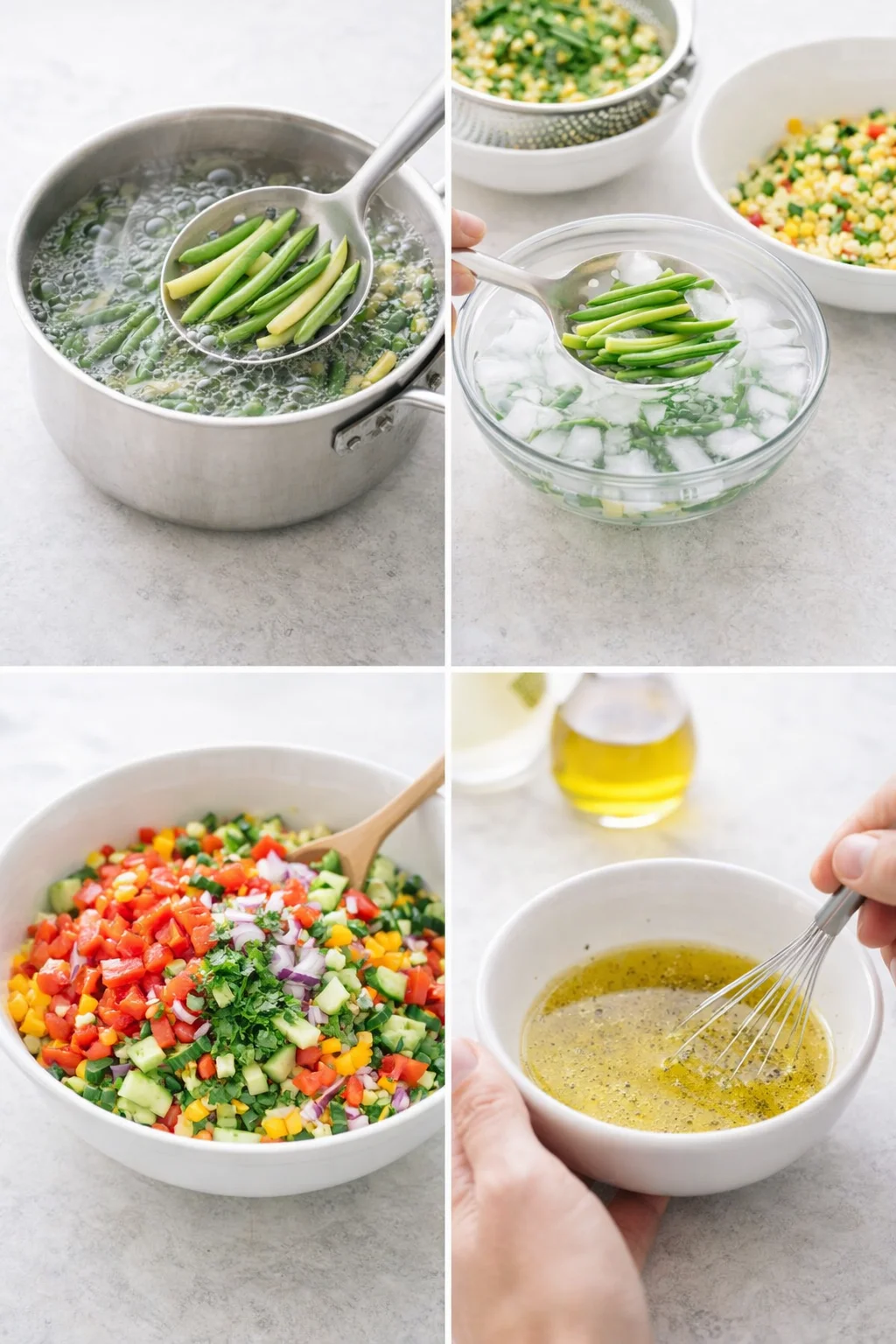 Large bowl with corn, blanched beans, and chopped vegetables being gently tossed; small bowl of dressing nearby.
