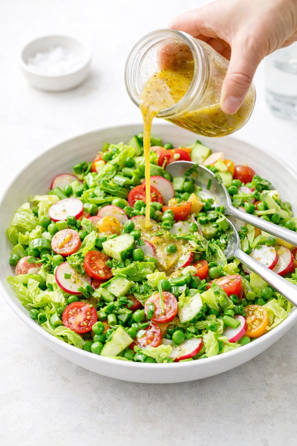 Pouring vinaigrette over chopped vegetables while the salad is gently tossed with tongs.
