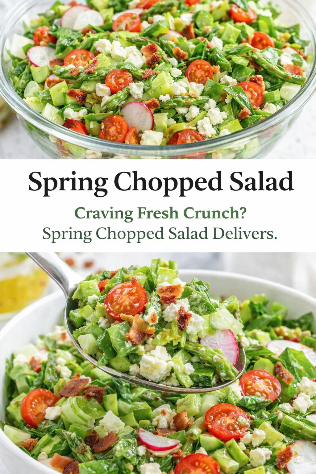 Pinterest-style image for Spring Chopped Salad with centered text overlay