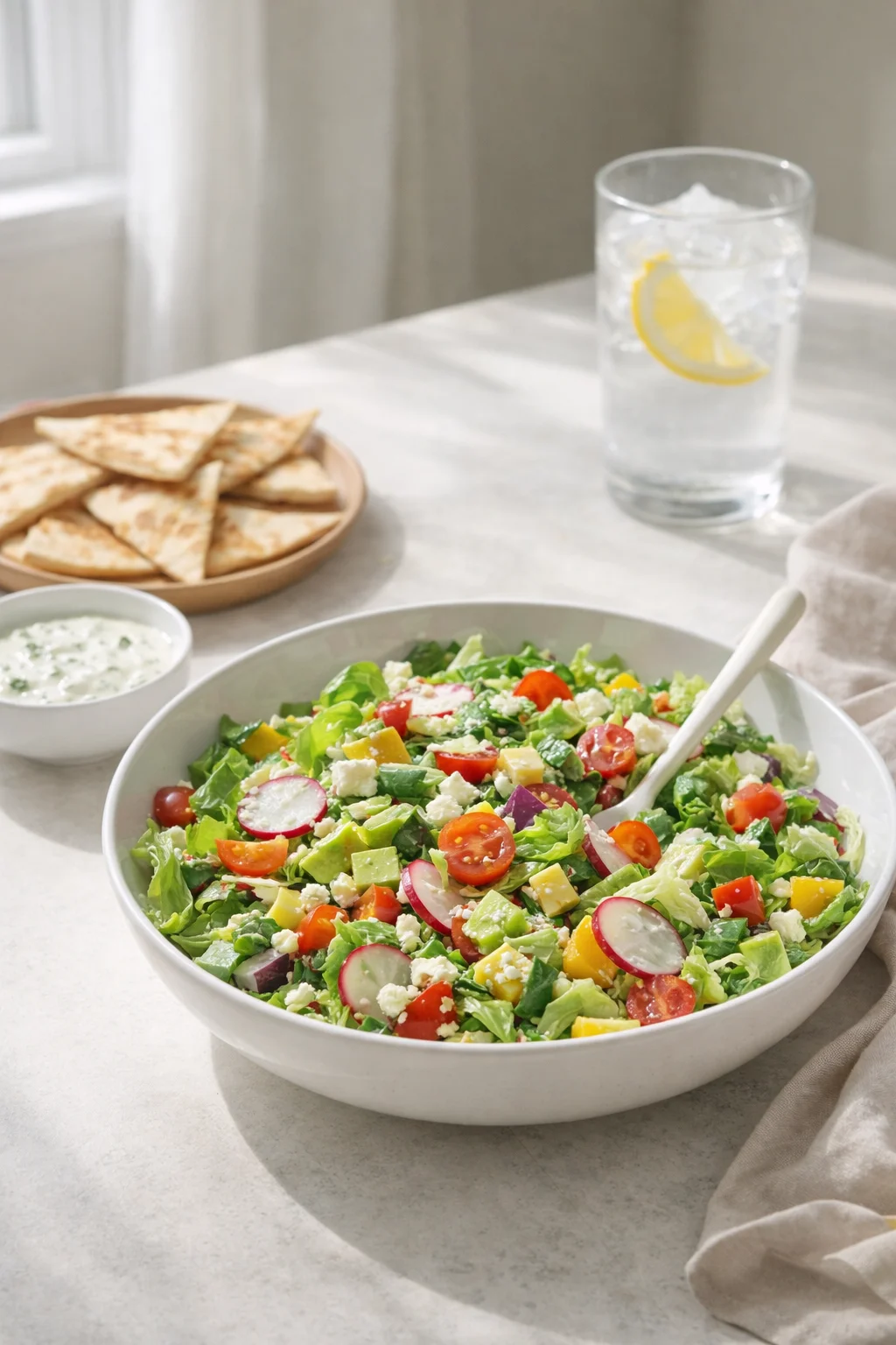 Alternative angle of Spring Chopped Salad served with a pairing