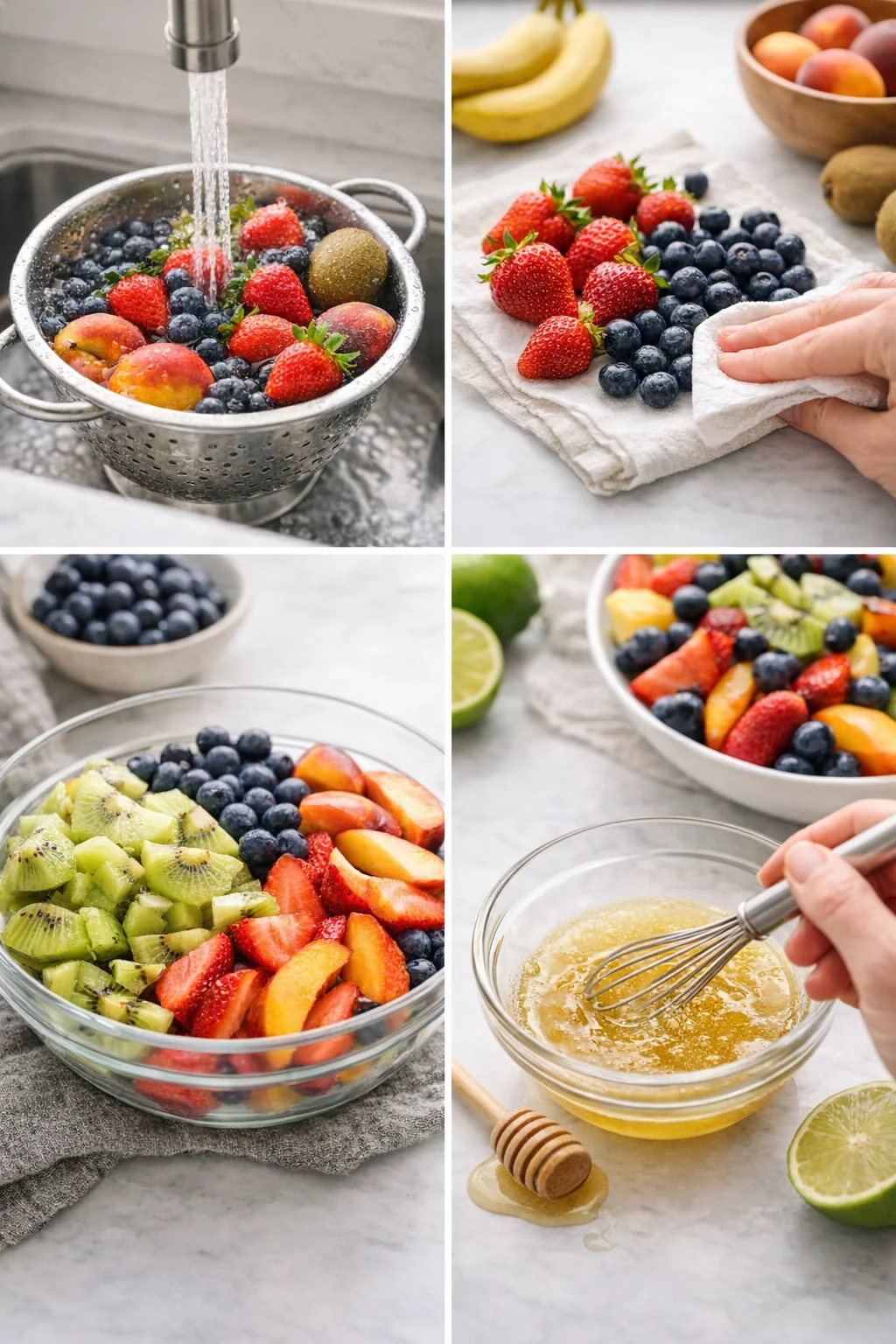 Large bowl filled with uniformly sliced strawberries, peaches, blueberries, and kiwis; small bowl with honey-lime dressing.