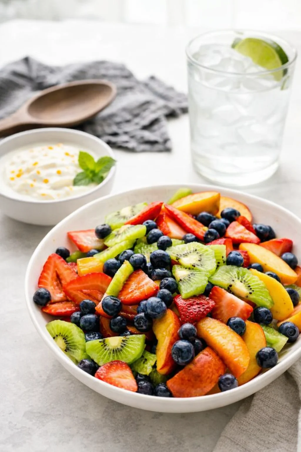 Alternative angle of Fruit Salad with Honey Lime Dressing served with a pairing