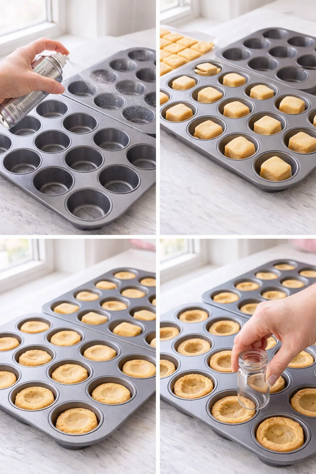 Twelve-cup muffin pans sprayed; sugar cookie squares pressed into cups and centers indented after baking.