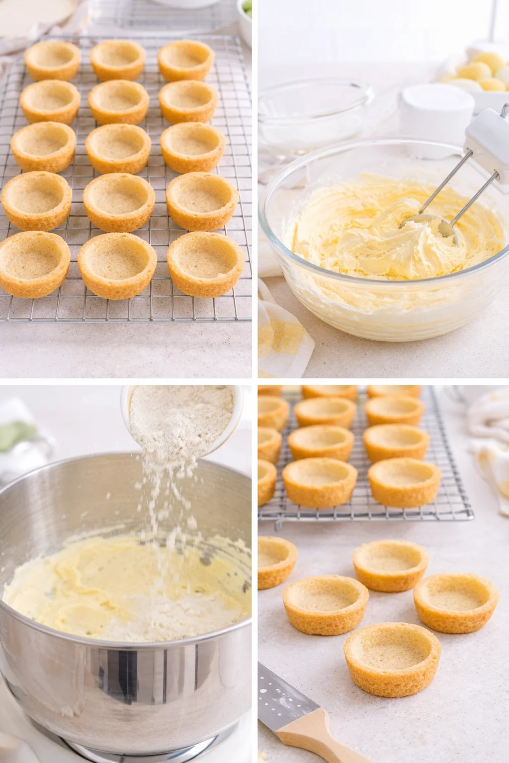 Cookies cooling on rack and separate bowl of buttercream being whipped to fluffy consistency.