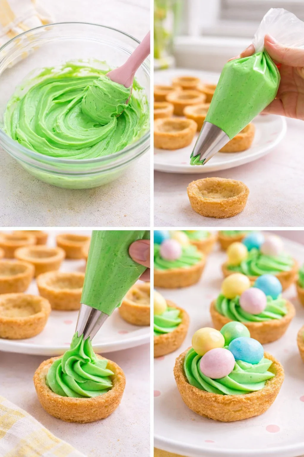 Green-tinted frosting piped into cookie cups forming grassy nests topped with three small egg candies.