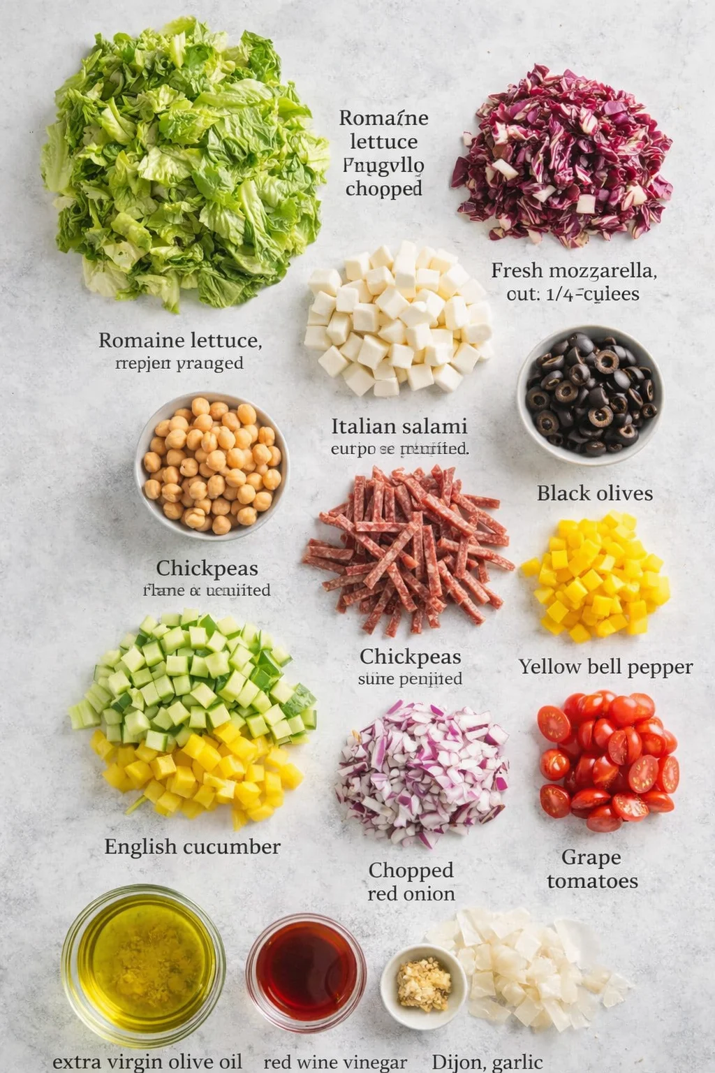 Measured ingredients arranged for Italian Chopped Salad: 1 head romaine lettuce, roughly chopped, 1 cup radicchio lettuce, chopped, 8 ounces fresh mozzarella, cut into 1/4-inch cubes, 4 ounces dry Italian salami, sliced 