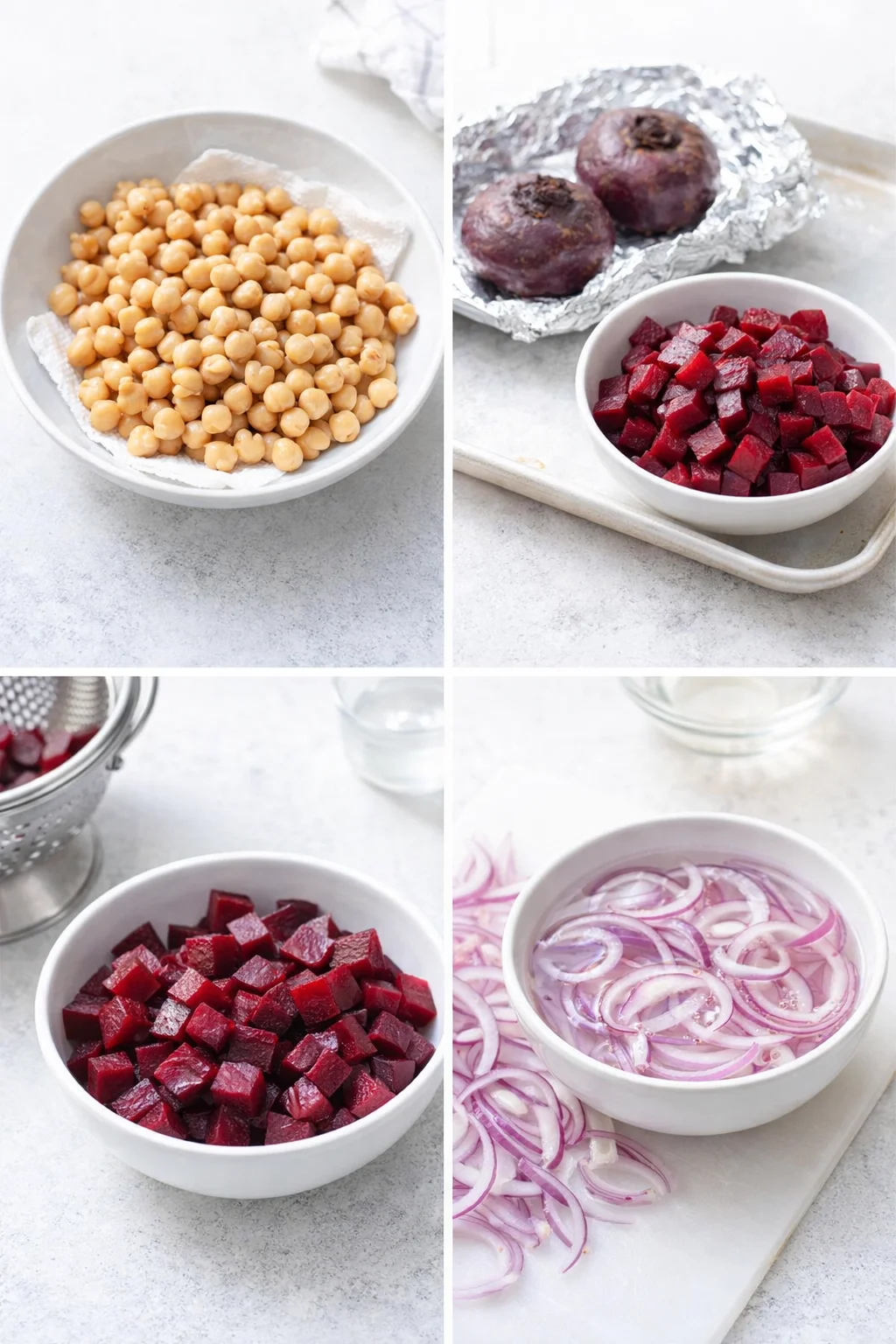 Drained chickpeas in a colander beside roasted or diced beets and thinly sliced red onion.
