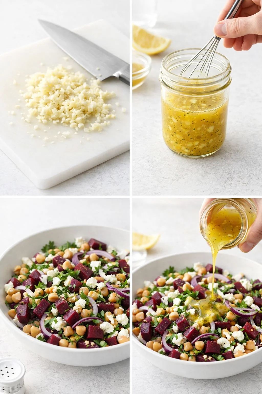 Whisking lemon-garlic vinaigrette in a jar beside a bowl of chickpeas, beets, sliced onion, and feta.