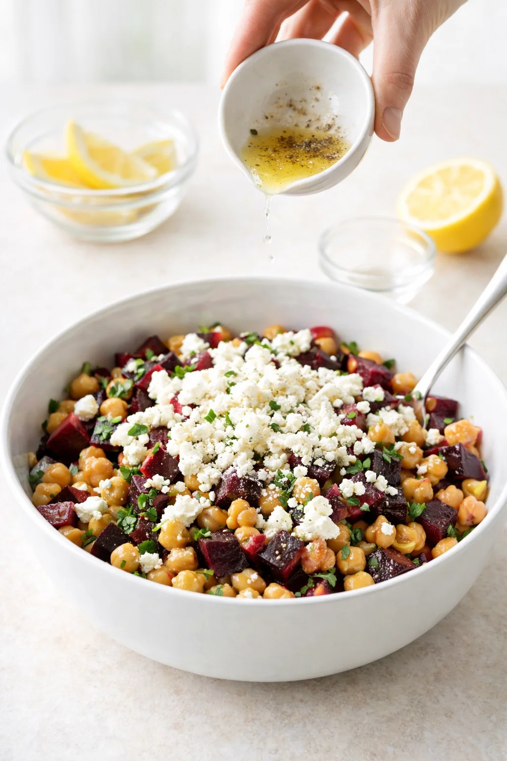Bowl of salad topped with crumbled feta and coarse black pepper, set to chill.