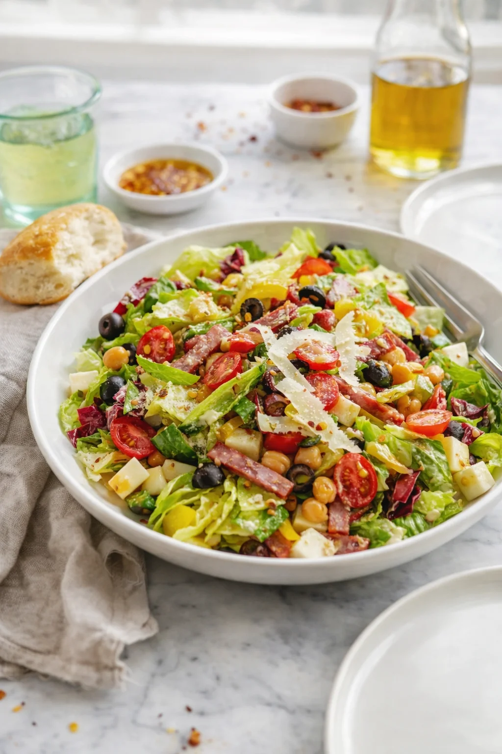 Alternative angle of Italian Chopped Salad served with a pairing