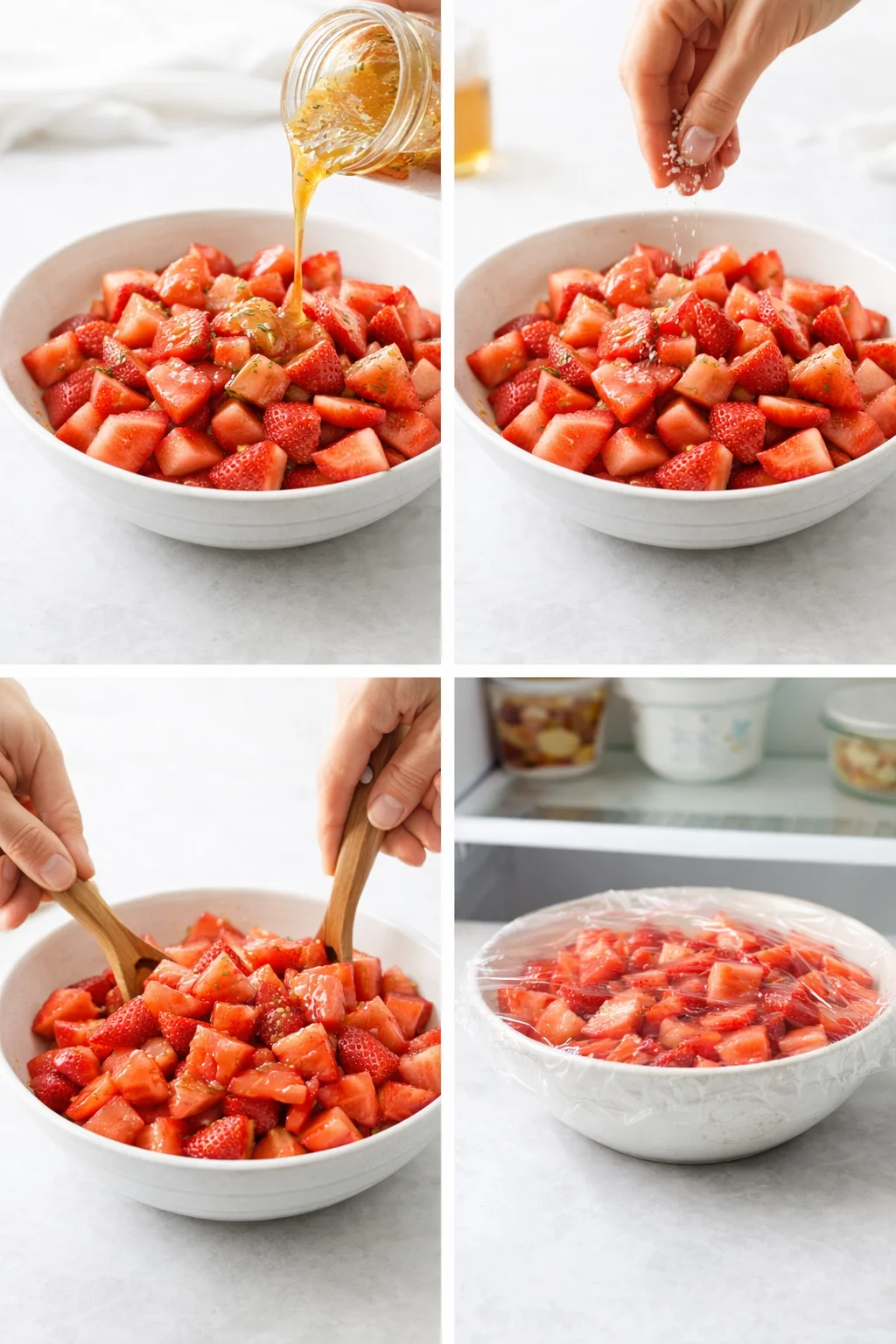 Dressing being poured over fruit while a hand lightly tosses the salad, ready for chilling.