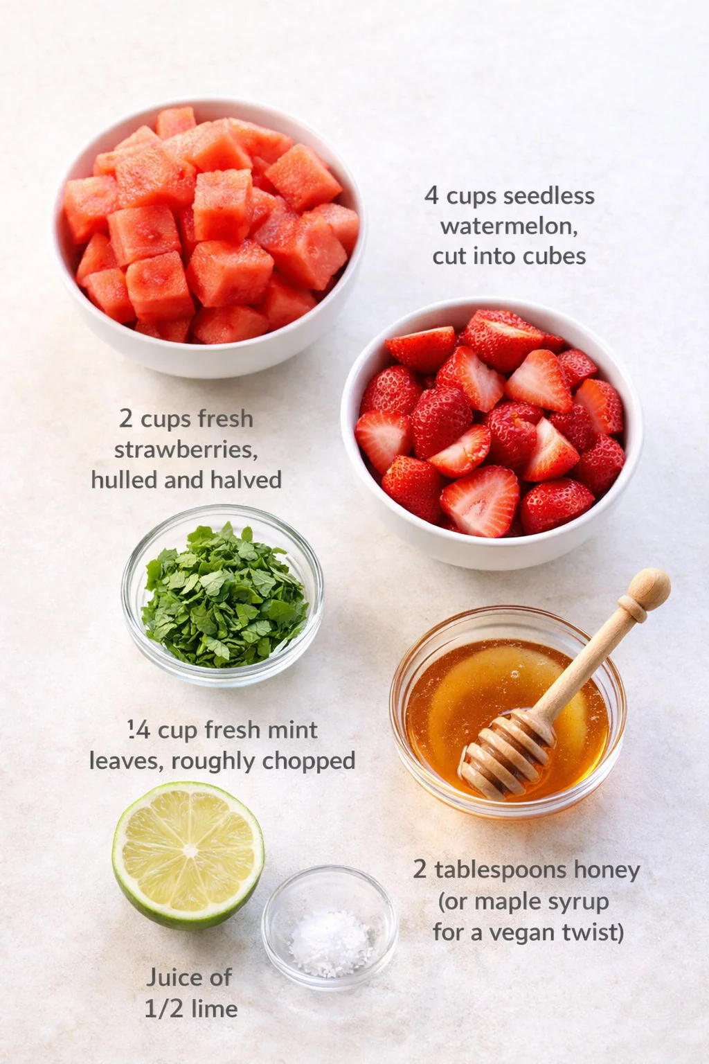 Measured ingredients arranged for Strawberry Watermelon Salad with Honey: 4 cups seedless watermelon, cut into cubes, 2 cups fresh strawberries, hulled and halved, 1/4 cup fresh mint leaves, roughly chopped, Juice of 1/2