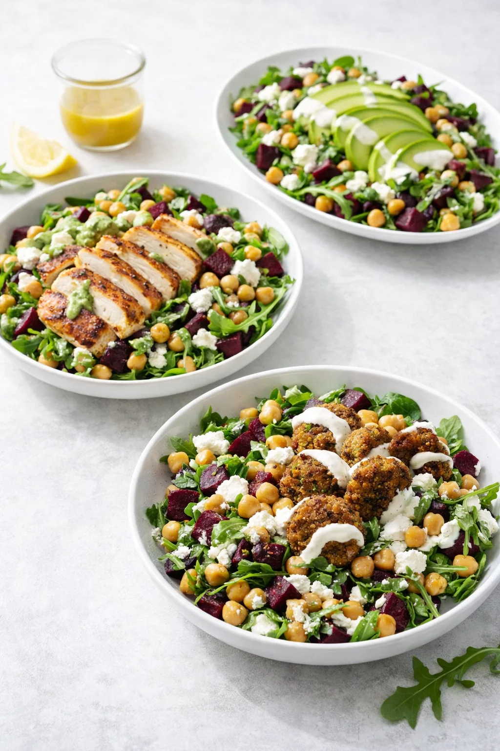 Variation ideas for Chickpea, Beet & Feta Salad with Lemon-Garlic Vinaigrette shown in a styled layout