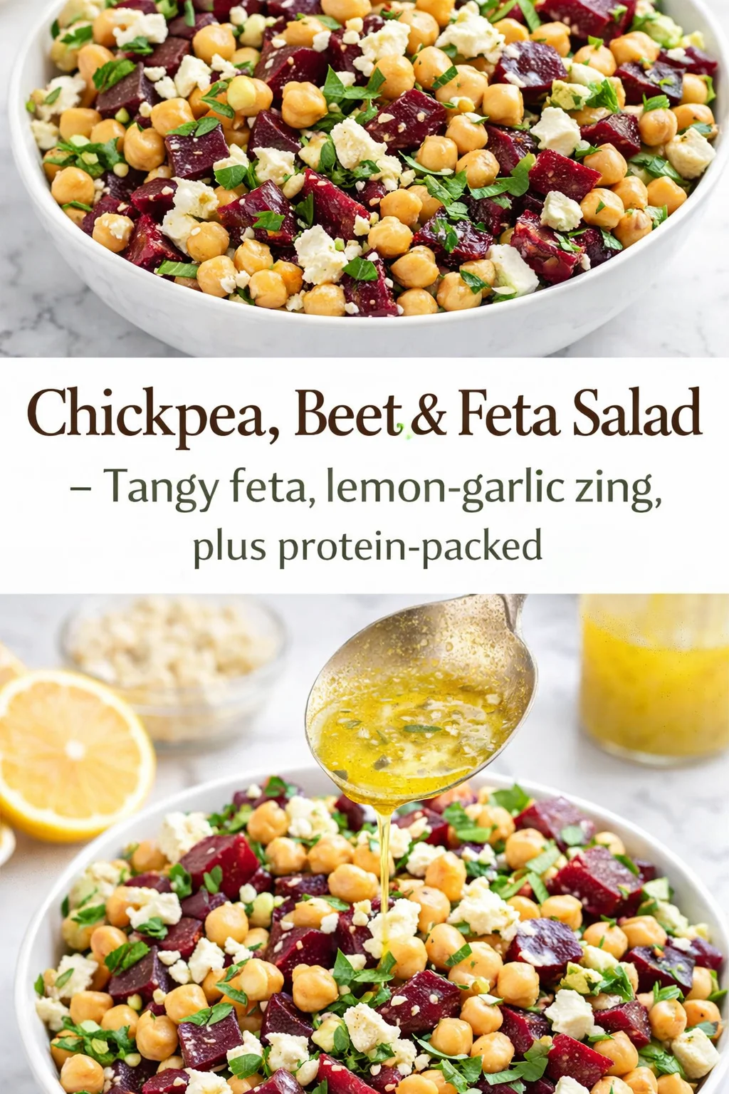 Pinterest-style image for Chickpea, Beet & Feta Salad with Lemon-Garlic Vinaigrette with centered text overlay