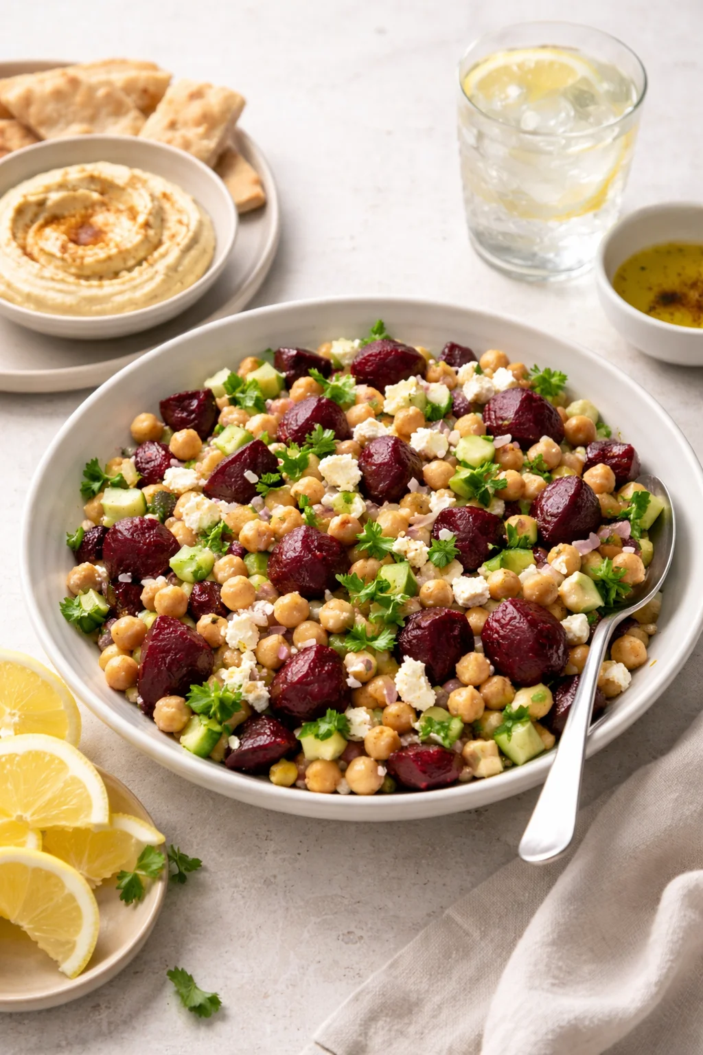Alternative angle of Chickpea, Beet & Feta Salad with Lemon-Garlic Vinaigrette served with a pairing