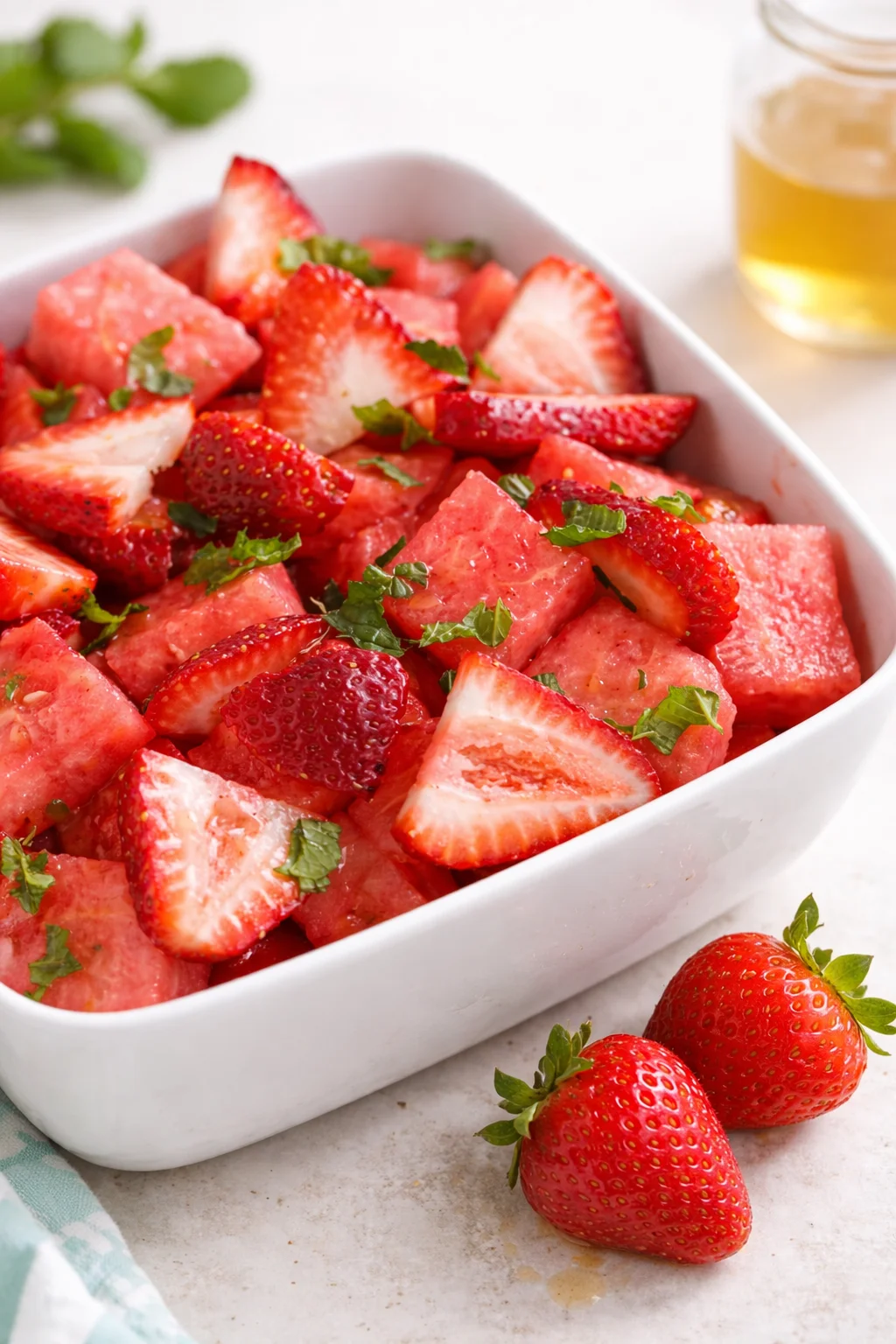 Final plated Strawberry Watermelon Salad with Honey served as a hero shot