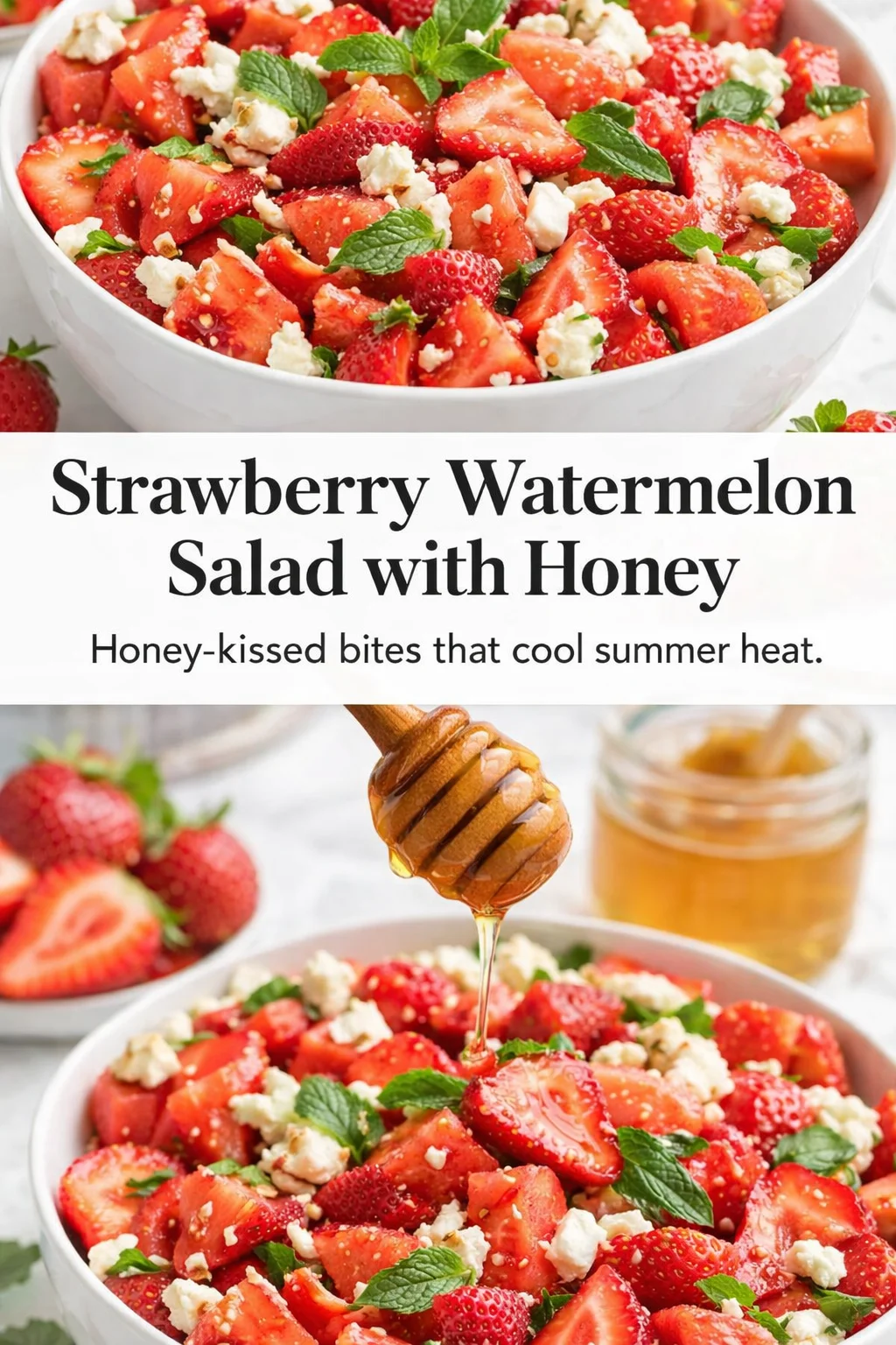 Pinterest-style image for Strawberry Watermelon Salad with Honey with centered text overlay