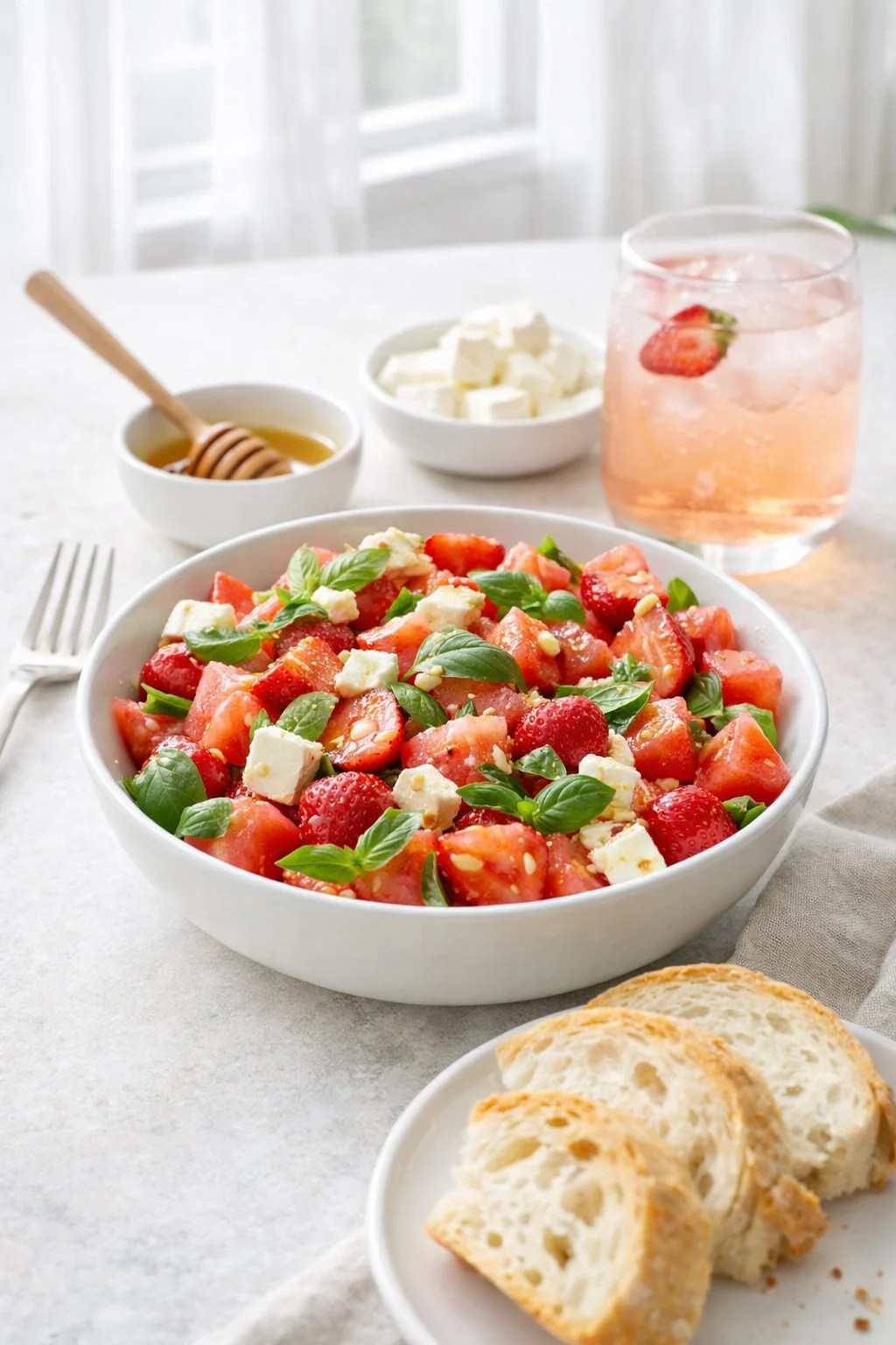 Alternative angle of Strawberry Watermelon Salad with Honey served with a pairing