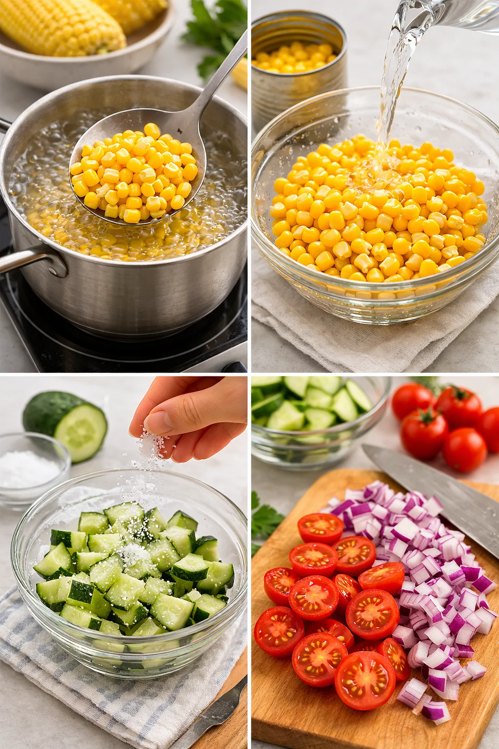 Cooked or drained corn with diced cucumber, halved cherry tomatoes, and diced red onion.