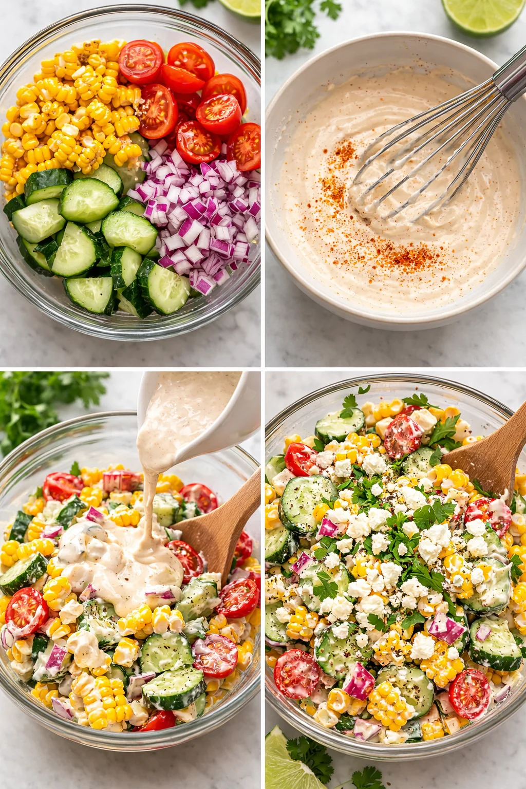 Large bowl with corn-cucumber mixture being tossed in creamy lime-chili dressing, feta and cilantro sprinkled.