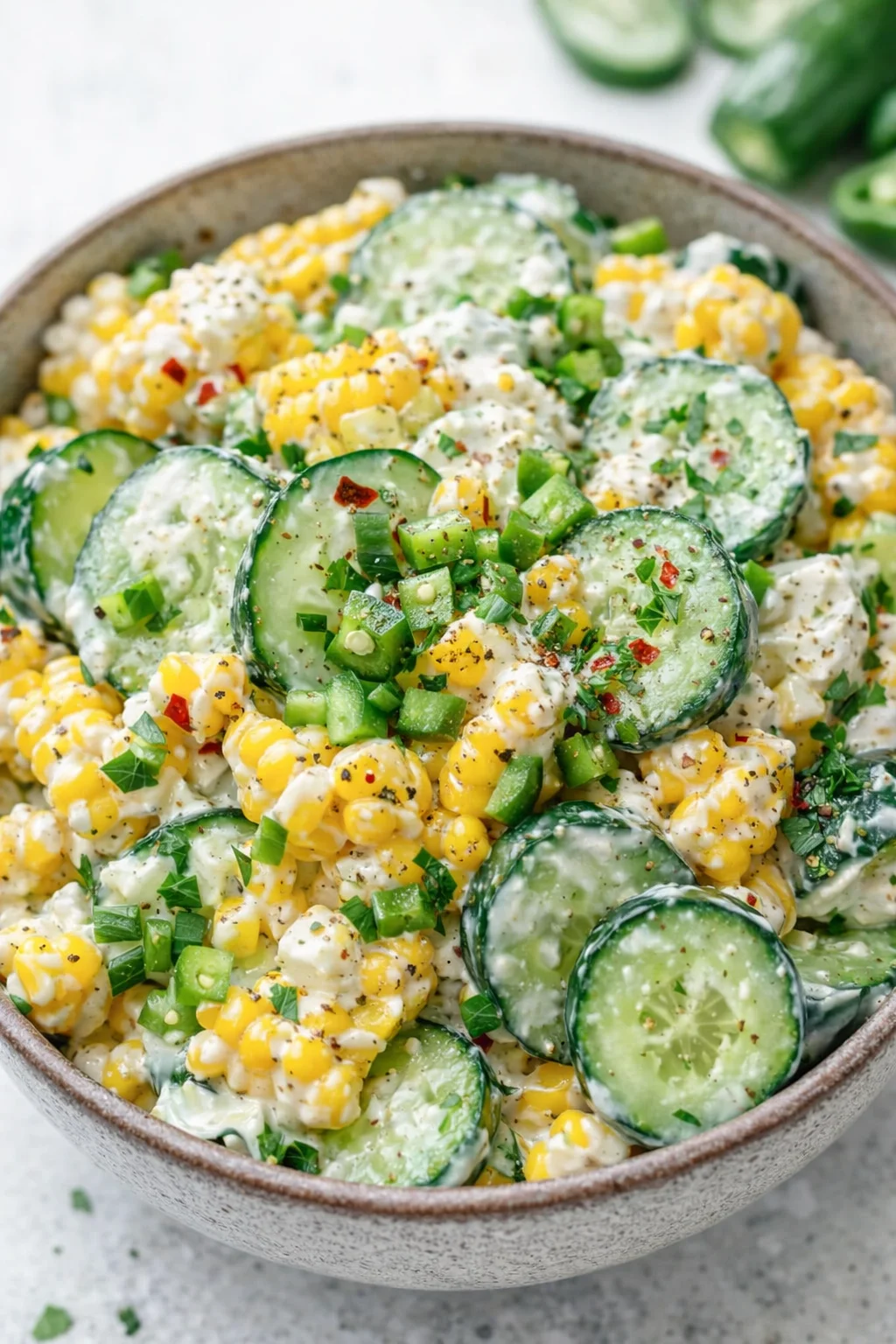 Hand sprinkling diced jalapeño pieces over the salad for added heat.