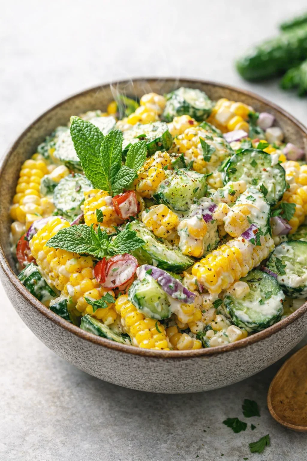 Final plated Street Corn Creamy Cucumber Salad served as a hero shot