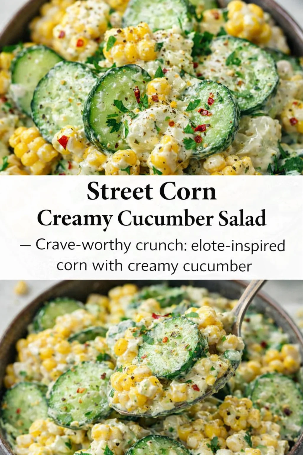 Pinterest-style image for Street Corn Creamy Cucumber Salad with centered text overlay