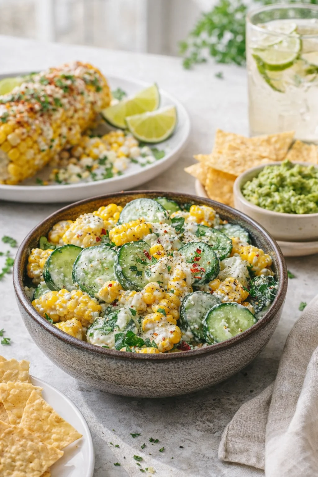Alternative angle of Street Corn Creamy Cucumber Salad served with a pairing